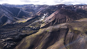 Aerial View of Volcanic Landscape with Geothermal Steam in Iceland
