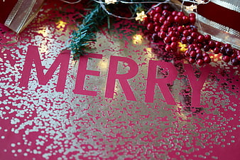 Merry Christmas Background with Red Berries and Gold Foil