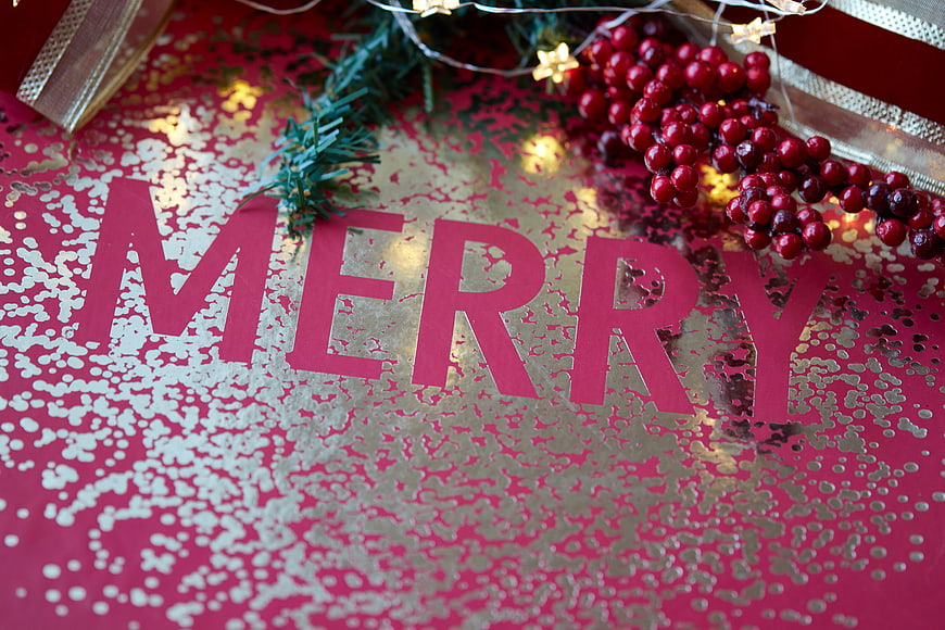 Merry Christmas Background with Red Berries and Gold Foil