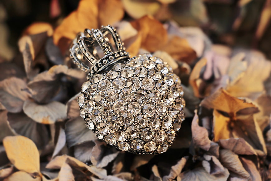 Rhinestone Heart Crown on Dried Autumn Leaves