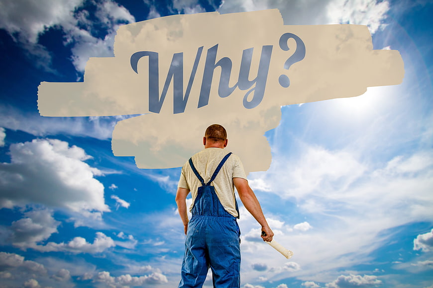 Painter looking at sky with Why question text overlay