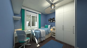 Modern Blue Bedroom Interior with White Wardrobe and Desk