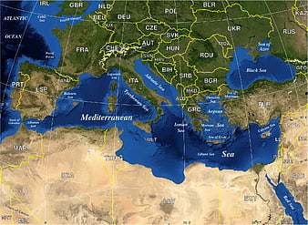 Satellite Map of the Mediterranean Sea and Europe