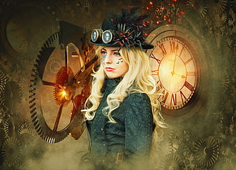 Steampunk Woman Portrait With Gears, Clocks, And Goggles