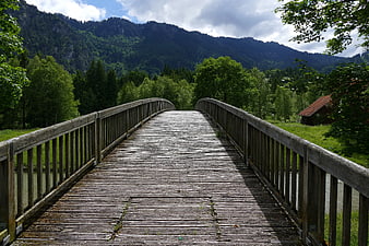Wooden Bridge Leading to Mountain Forest Landscape
