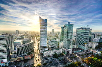 Aerial View of Warsaw Skyline at Sunset