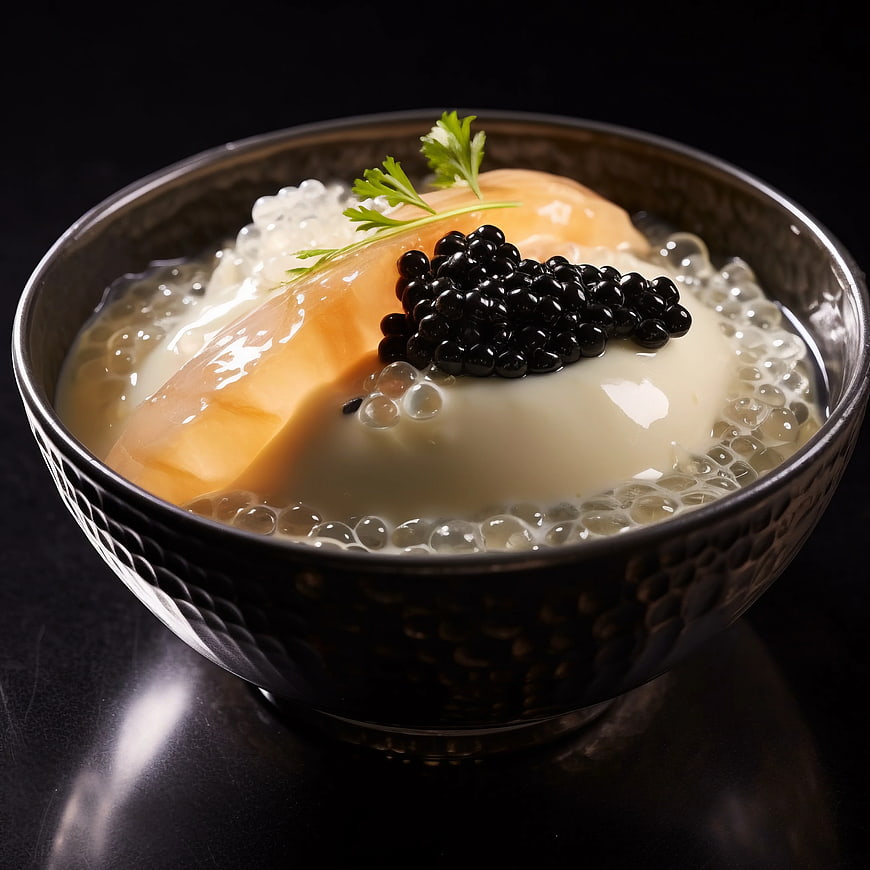 Gourmet Dessert Bowl with Caviar, Melon, and Crystal Pearls