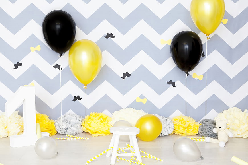 First Birthday Party Decor with Yellow and Black Balloons