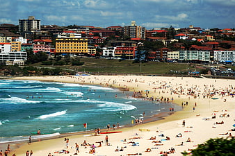 Aerial View of Crowded Bondi Beach in Sydney, Australia