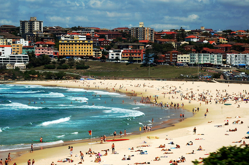 Aerial View of Crowded Bondi Beach in Sydney, Australia