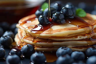 Stack of Blueberry Pancakes with Pouring Syrup