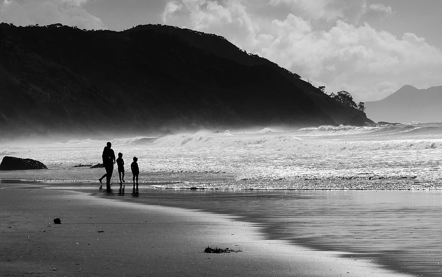 Silhouette of Family Walking on Beach in Black and White