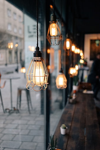 Industrial Cage Pendant Lights in Cozy Cafe Interior
