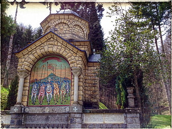 Historic Orthodox Memorial Chapel With Mosaic In Forest
