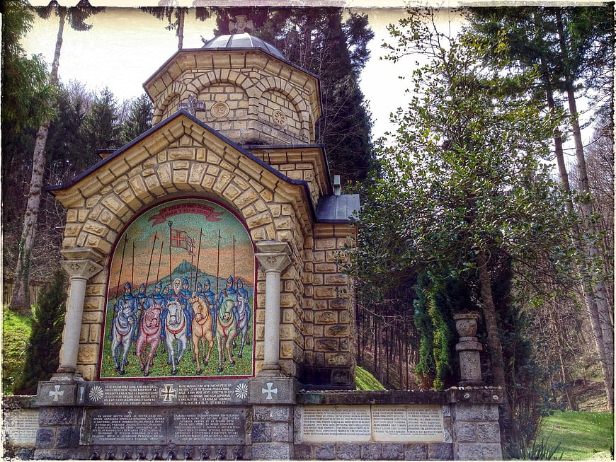 Historic Orthodox Memorial Chapel With Mosaic In Forest