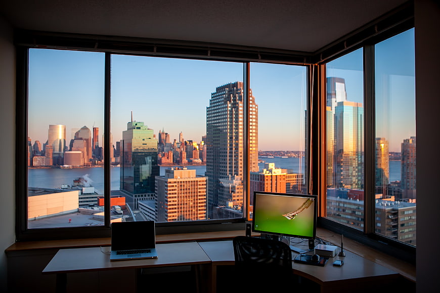 Modern Home Office with Panoramic City Skyline View
