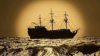 Silhouette of a Three-Masted Sailboat on Golden Ocean Waves