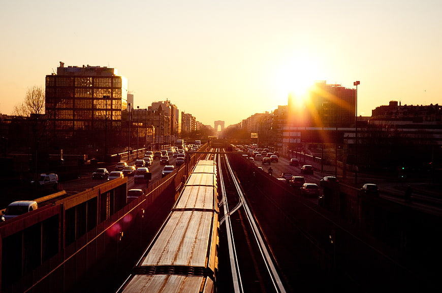 Paris Metro Train Sunset View Towards Arc de Triomphe