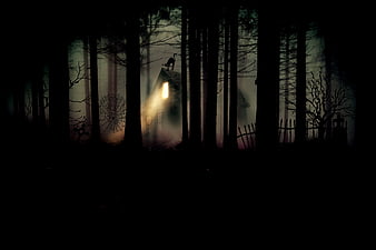 Spooky Witch's House in Dark Foggy Forest at Night