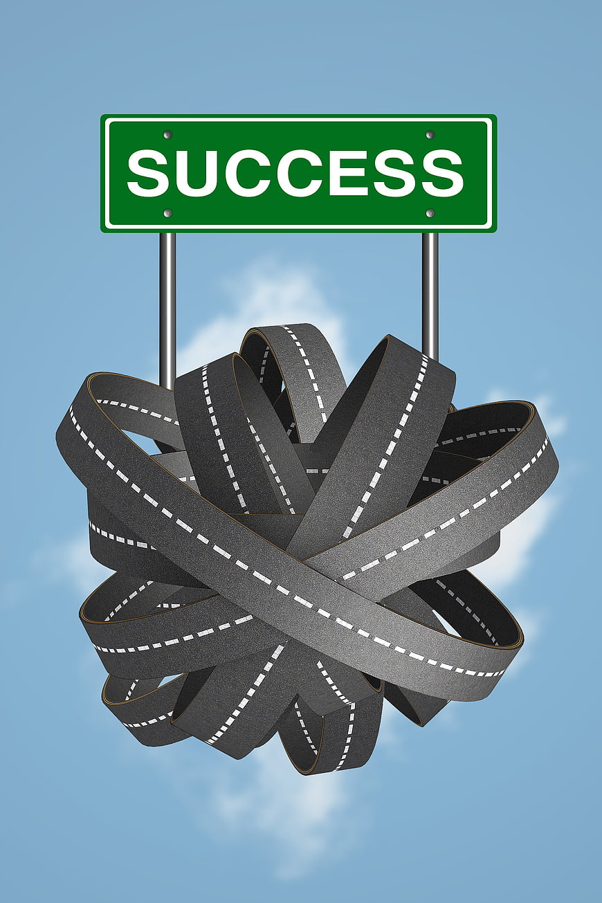 Tangled road leading to success sign concept