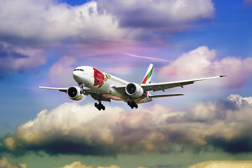 Emirates Rose Livery Airplane Landing in Clouds