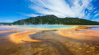 Vibrant Grand Prismatic Spring Landscape with Forested Hills