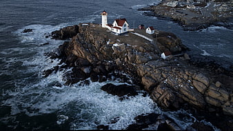 Aerial View of Nubble Lighthouse on Rocky Island in Maine
