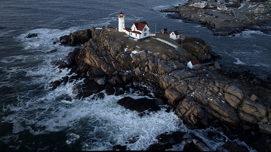 Aerial View of Nubble Lighthouse on Rocky Island in Maine