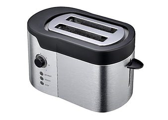 Stainless Steel Two-Slot Toaster With Black Top On White Background