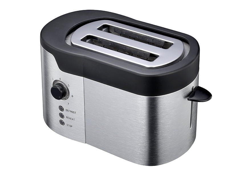 Stainless Steel Two-Slot Toaster With Black Top On White Background