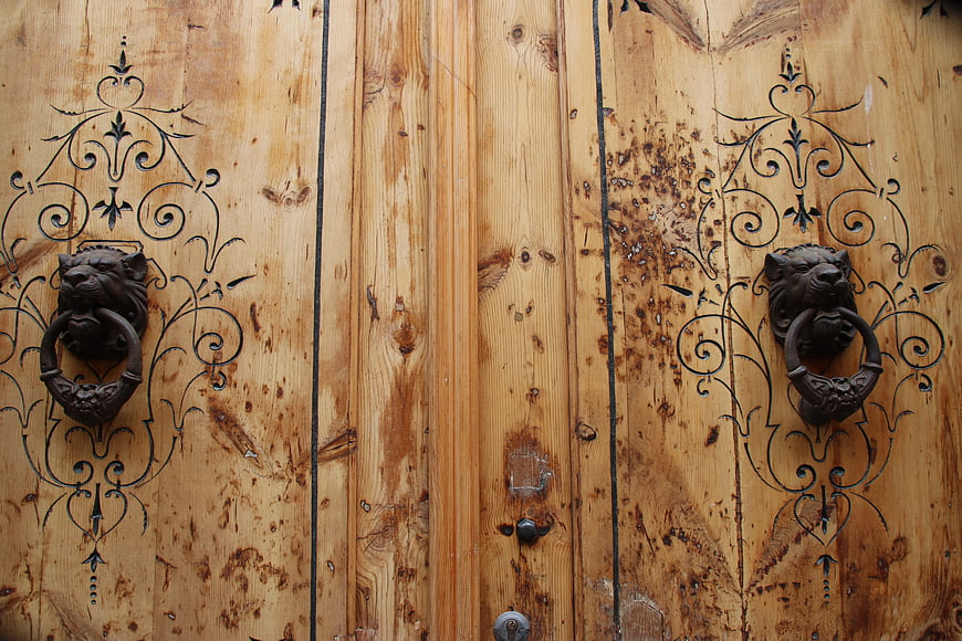 Vintage Wooden Door with Ornate Lion Head Knocker
