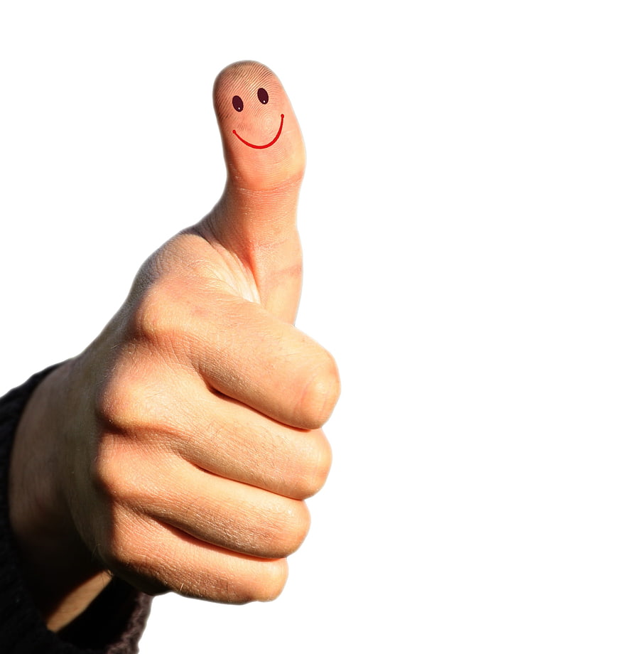 Hand Thumbs Up with Smiley Face on White Background