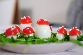 Creative Mushroom-Shaped Egg Appetizer on Bed of Fresh Green Salad