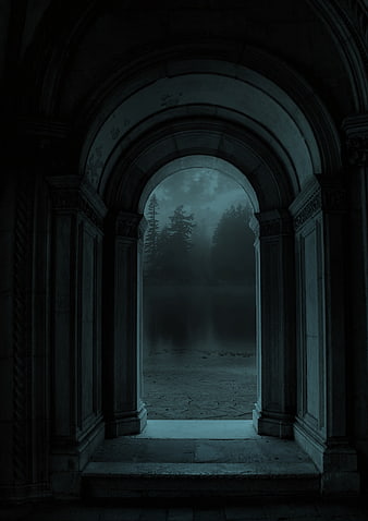 Dark Gothic Archway Framing Misty Forest Lake at Night