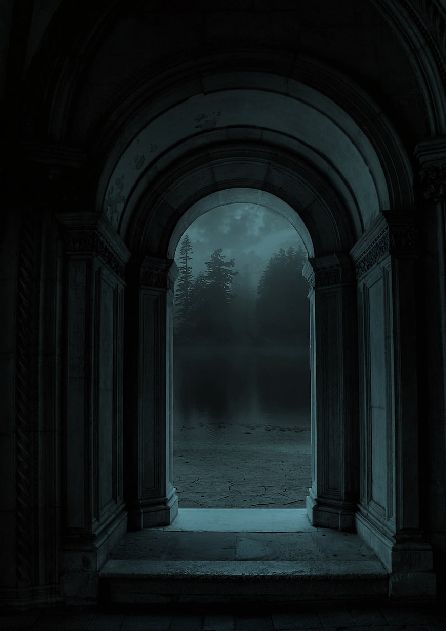 Dark Gothic Archway Framing Misty Forest Lake at Night