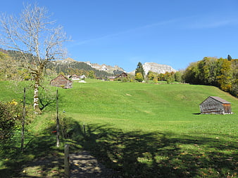 Scenic Swiss Alpine Pasture with Barns and Mountains