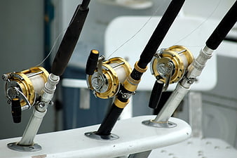 Three Brass Fishing Reels Mounted on Boat Rod Holders