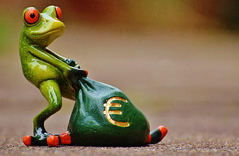Green frog figurine carrying a money bag with euro symbol