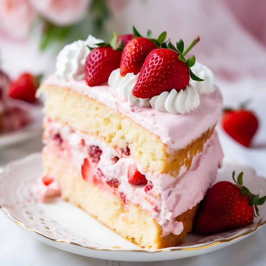 Delicious Strawberry Layer Cake Slice with Whipped Cream
