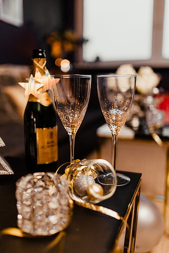 Champagne glasses and bottle for New Year's Eve celebration