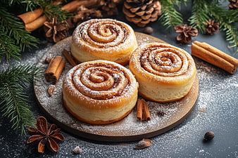 Three Cinnamon Rolls with Powdered Sugar and Holiday Spices
