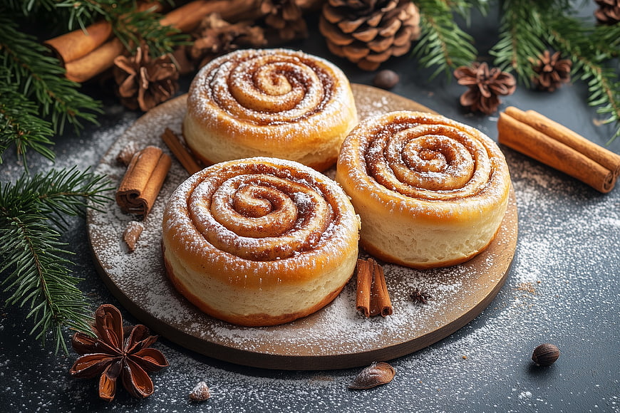 Three Cinnamon Rolls with Powdered Sugar and Holiday Spices