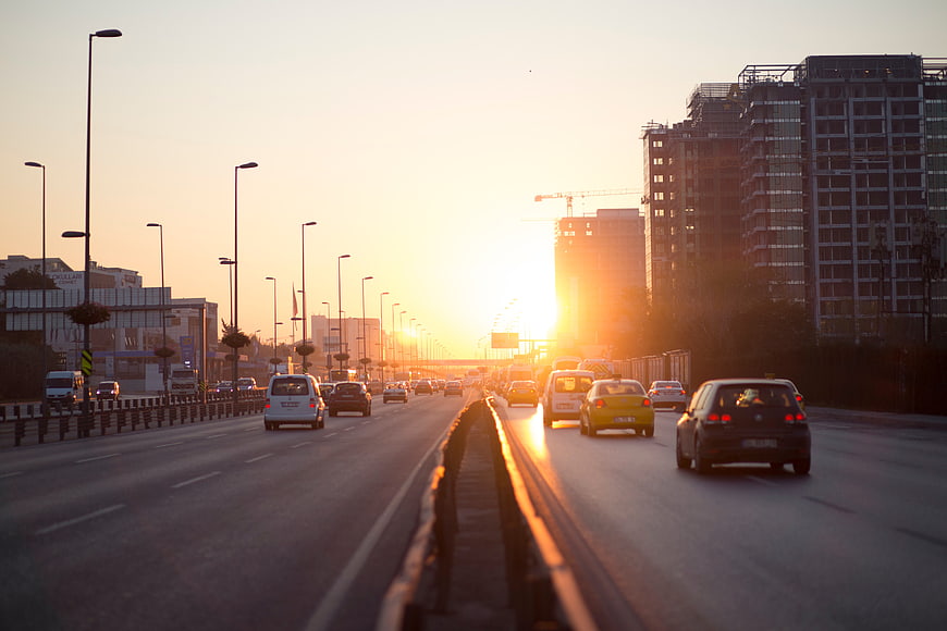City Highway Traffic at Golden Hour Sunset