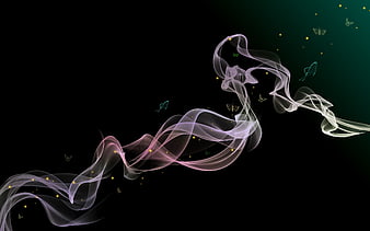 Abstract Digital Art Smoke Ribbons With Glowing Butterflies On Black Background