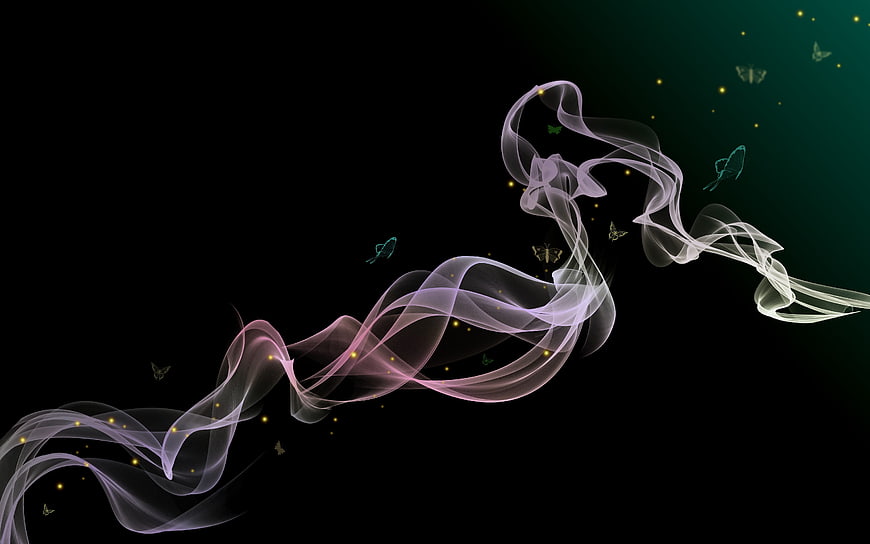 Abstract Digital Art Smoke Ribbons With Glowing Butterflies On Black Background
