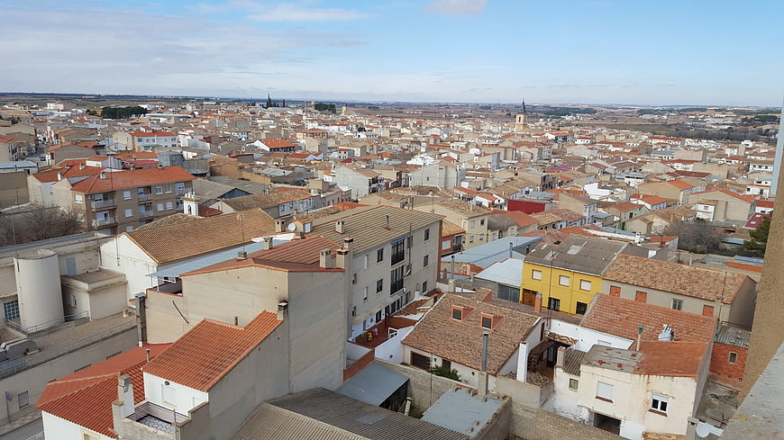 Aerial View of Tarazona Town with Red Roofs and Silos