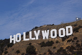 Hollywood Sign on Grassy Hillside Under Blue Sky