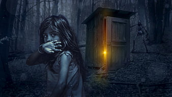 Scary girl in dark forest with glowing hut and zombie creature