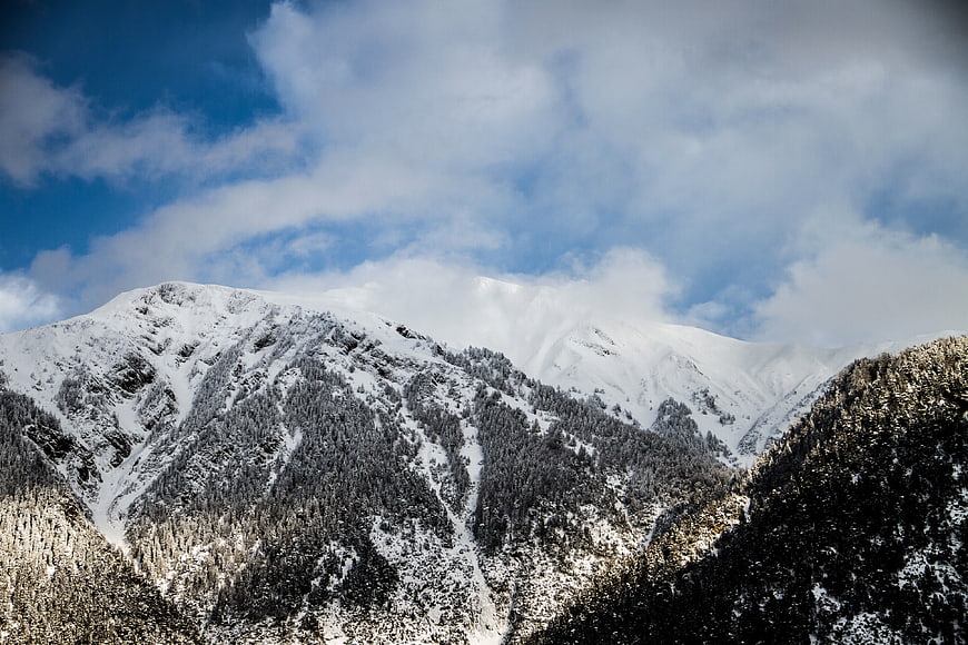 Snow-Covered Mountain Peaks with Pine Forest and Blue Sky