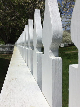 Close-up of white picket fence with leading lines